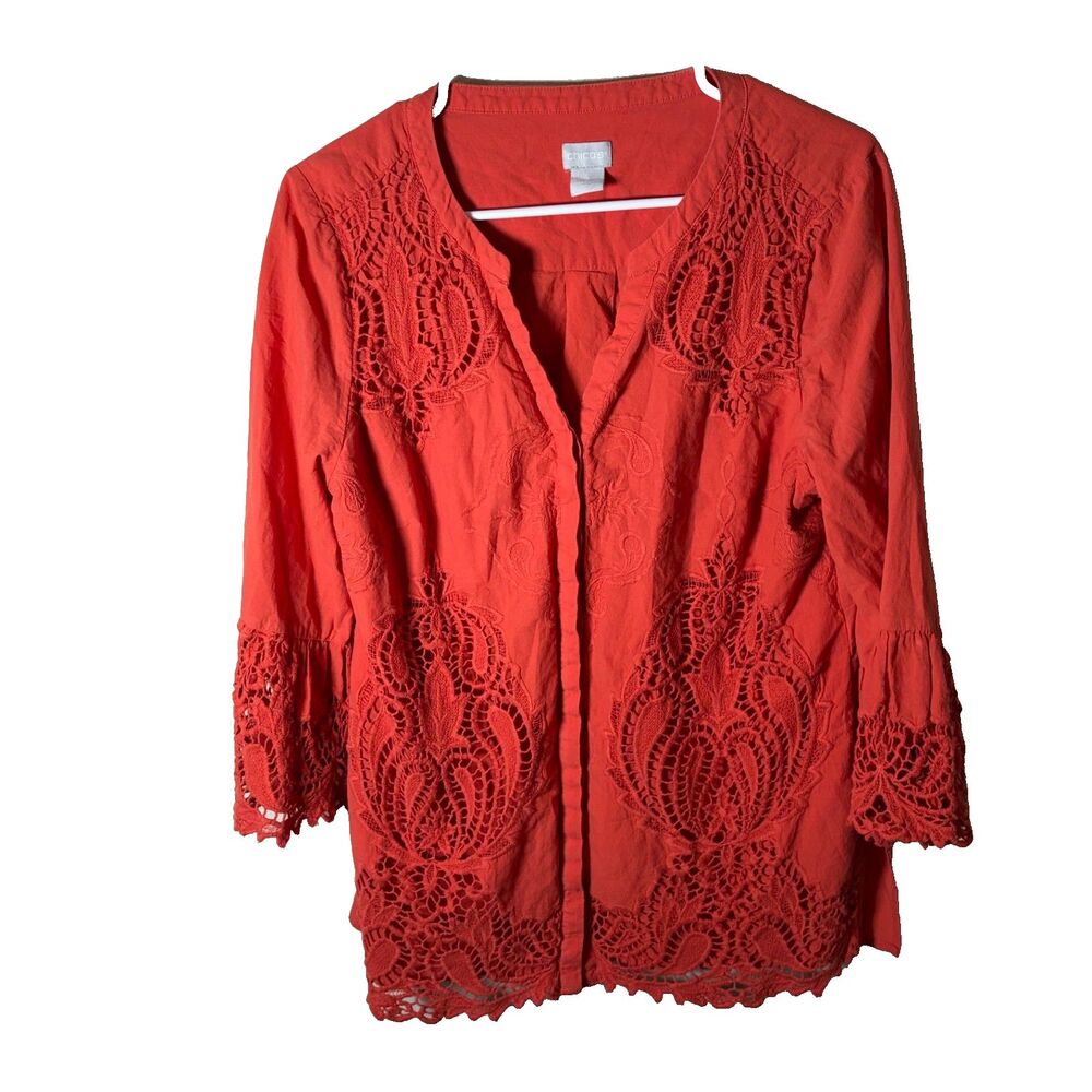 Chico's Blouse Women's 2 Button Up Lace 3/4 Sleeve V-Neck Casual Large Top